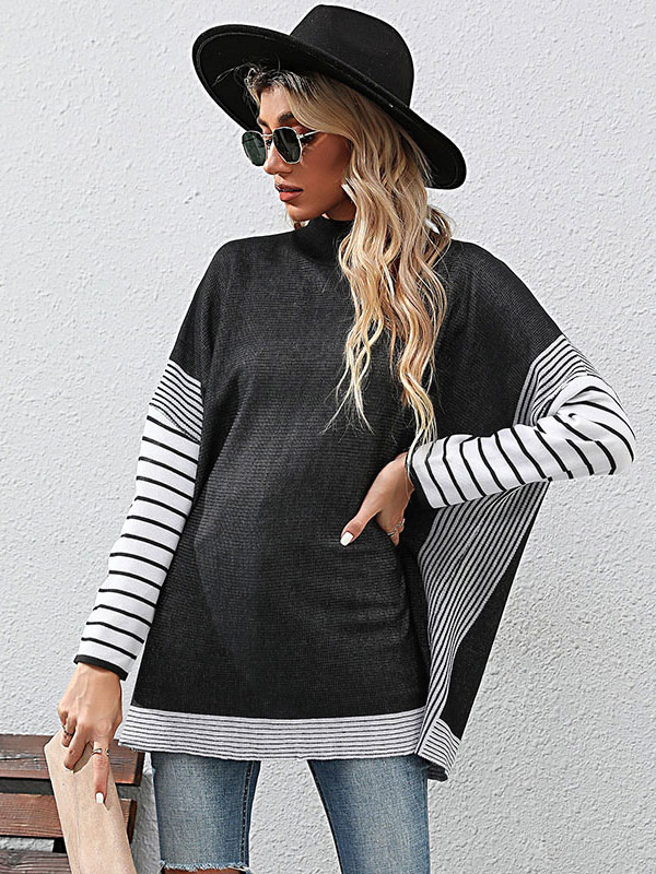 Black Stripes High Collar Long Sleeves Sweaters