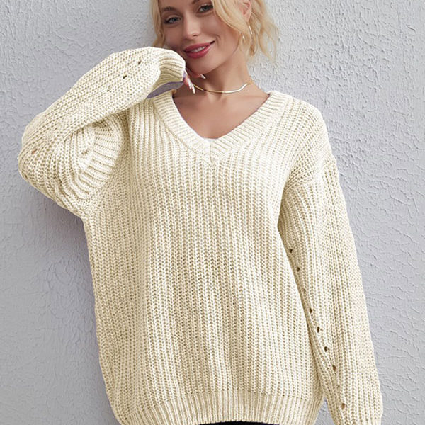 Ribbed V-Neck Cut Out Long Sleeves Sweaters - Image 3