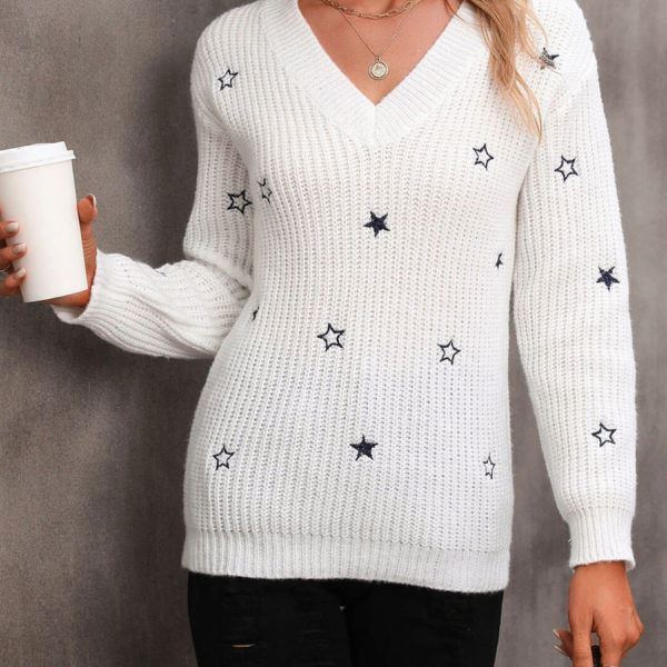 White V-Neck Long Sleeves Acrylic Sweaters