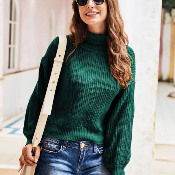 Pullover Sweater Khaki Turtleneck Long Sleeves Acrylic Sweaters - Image 3