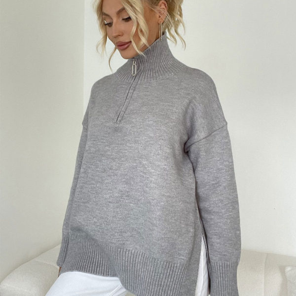 Pullover Zipper High Collar Long Sleeves Gray Sweaters