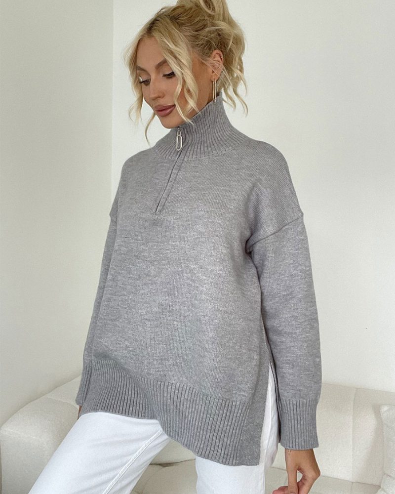 Pullover Zipper High Collar Long Sleeves Gray Sweaters