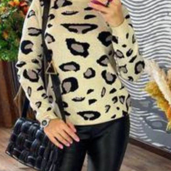 Leopard Print High Collar Long Sleeves Acrylic Sweaters - Image 6