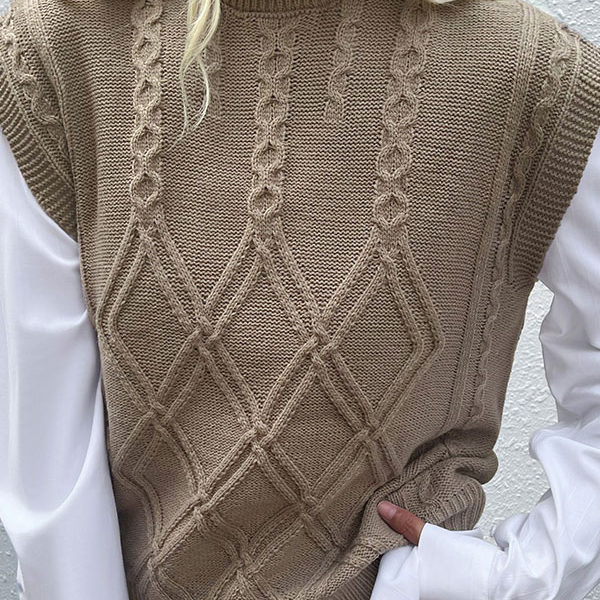 Coffee Brown High Collar Sleeveless Sweaters - Image 2