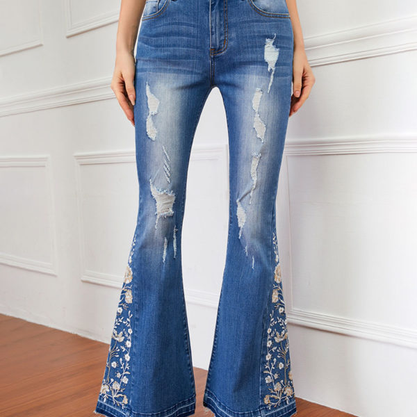 Mid Rise Embroidered Ripped Bell Bottoms Flare Jeans - Image 4