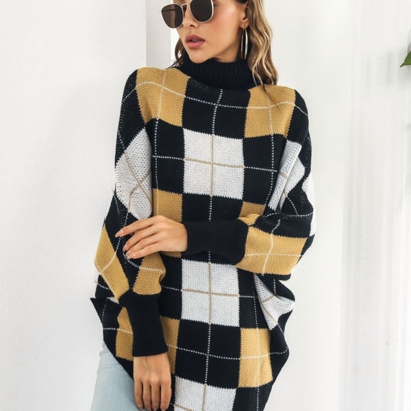 Plaid High Collar Oversized Spring Outerwear Poncho Capes - Image 3