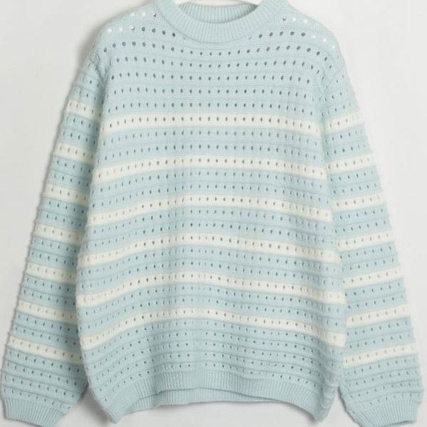 Pullover Jewel Neck Long Sleeves Stripped Hollow Sweaters - Image 6