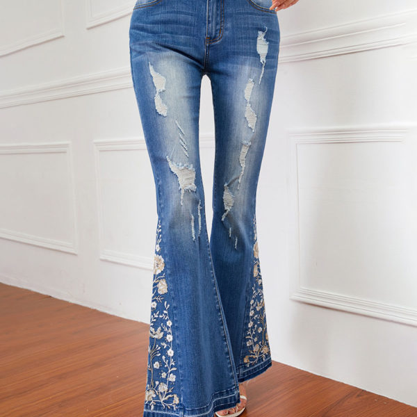 Mid Rise Embroidered Ripped Bell Bottoms Flare Jeans - Image 3