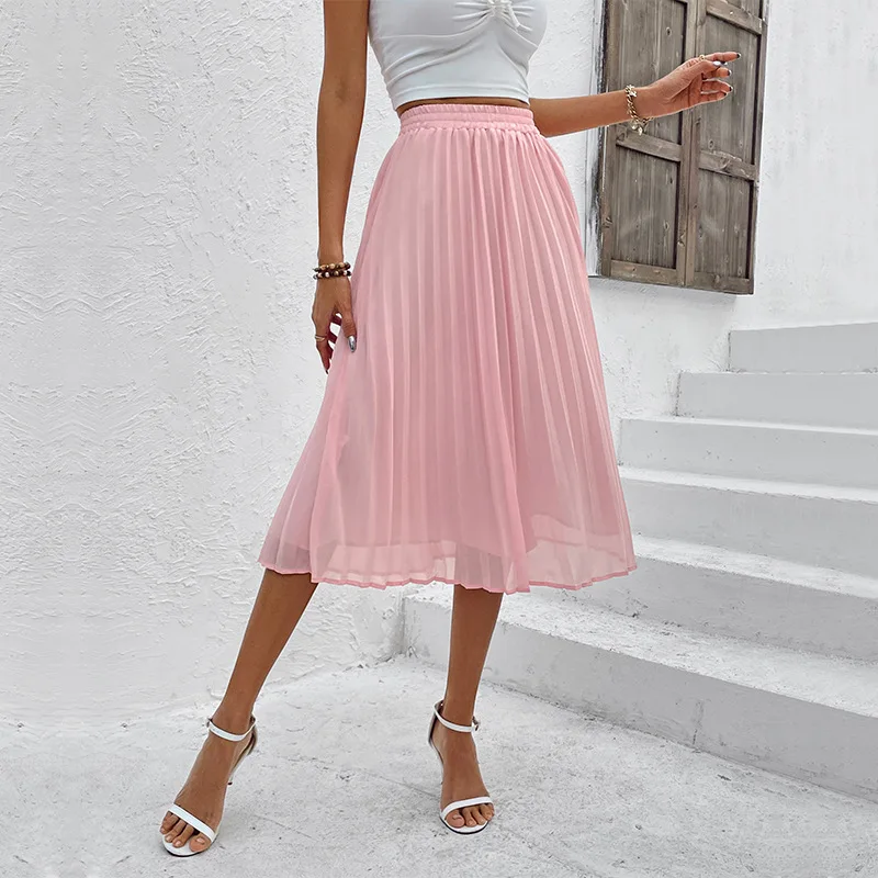 Elegant Half Skirt Solid Chiffon Temperament Pleated Skirt