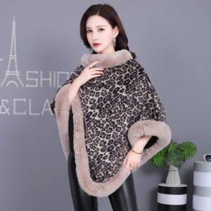 Leopard Print Faux Rex Rabbit Knitted Winter Warmth Poncho