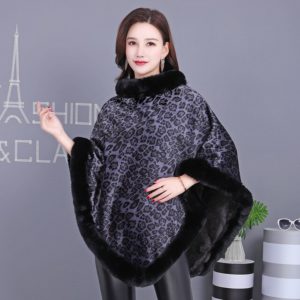 Leopard Print Faux Rex Rabbit Knitted Winter Warmth Poncho - Image 6