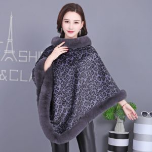 Leopard Print Faux Rex Rabbit Knitted Winter Warmth Poncho - Image 5