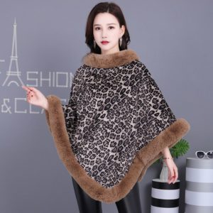 Leopard Print Faux Rex Rabbit Knitted Winter Warmth Poncho - Image 4