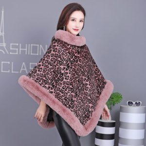 Leopard Print Faux Rex Rabbit Knitted Winter Warmth Poncho - Image 3