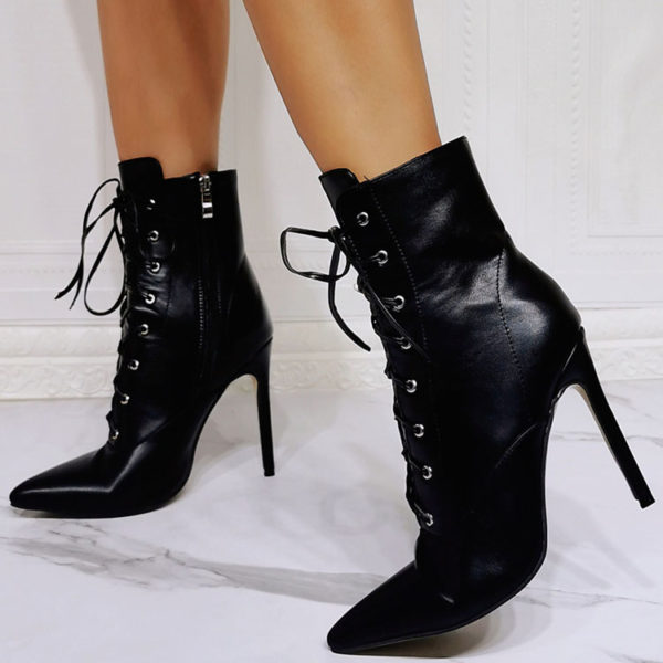 Boots Black PU Leather Pointed Toe Stiletto Heel High-Tops Lace Up Booties - Image 4