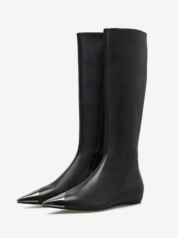 Knee High Boots Black Pointed Toe Flat Knee Length Boots
