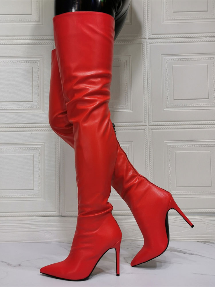 Over The Knee Plus Size Stiletto Heel PU Leather Red Thigh High Boots