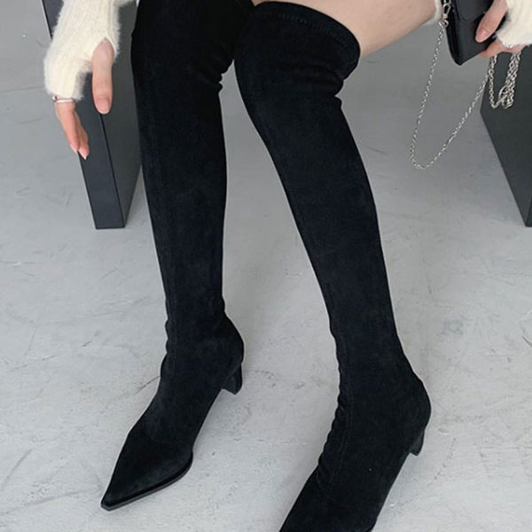 Chunky Heel Micro Suede Upper Thigh High Boots