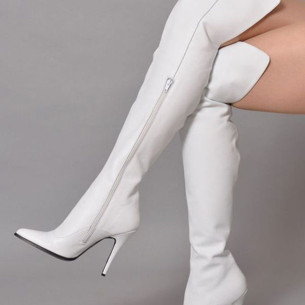 White Thigh High Solid Color Pointed Toe Stiletto Heel Over The Knee Boots