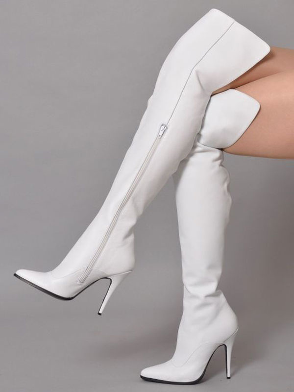 White Thigh High Solid Color Pointed Toe Stiletto Heel Over The Knee Boots