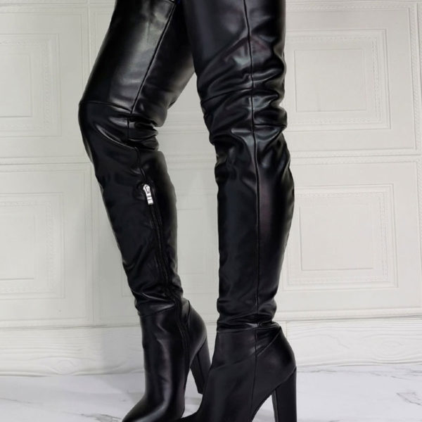 Black Thigh High PU Leather Sky High Chunky Heel Over The Knee Boots