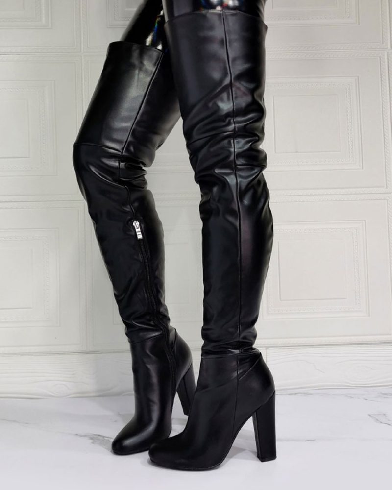 Black Thigh High PU Leather Sky High Chunky Heel Over The Knee Boots