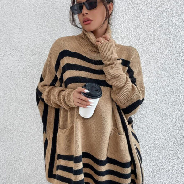Khaki Two-Tone High Collar Long Sleeves Oversized Sweaters