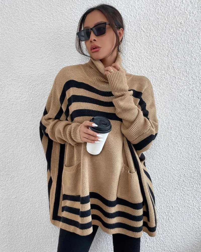 Khaki Two-Tone High Collar Long Sleeves Oversized Sweaters