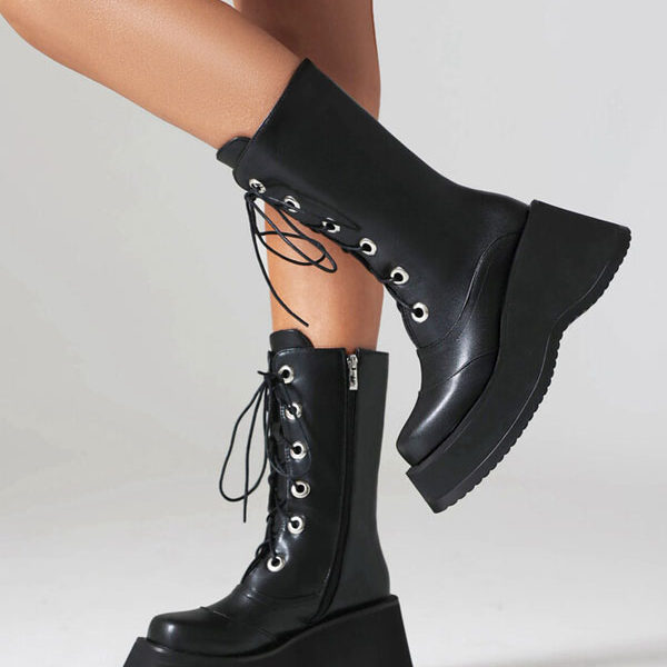 Mid Calf PU Leather Round Toe Heelless Boots