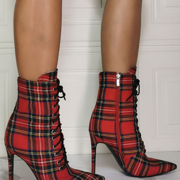Ankle Red Canvas Pointed Toe Stiletto Heel Sky High Houndstooth Boots
