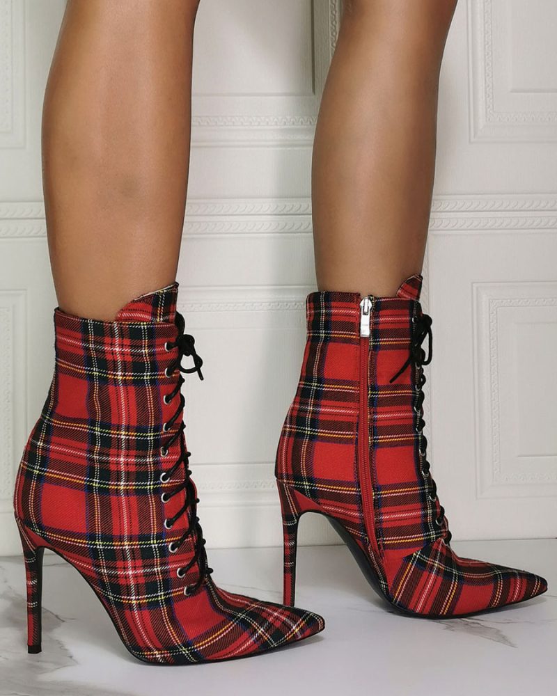 Ankle Red Canvas Pointed Toe Stiletto Heel Sky High Houndstooth Boots