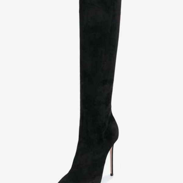 Black Suede Pointed Toe High Heel Knee High Boots