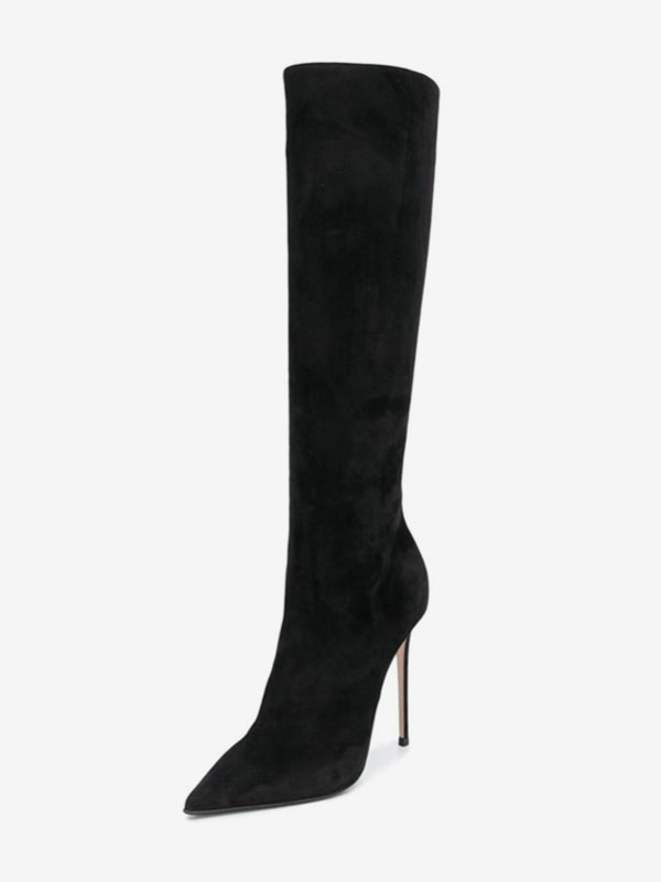 Black Suede Pointed Toe High Heel Knee High Boots
