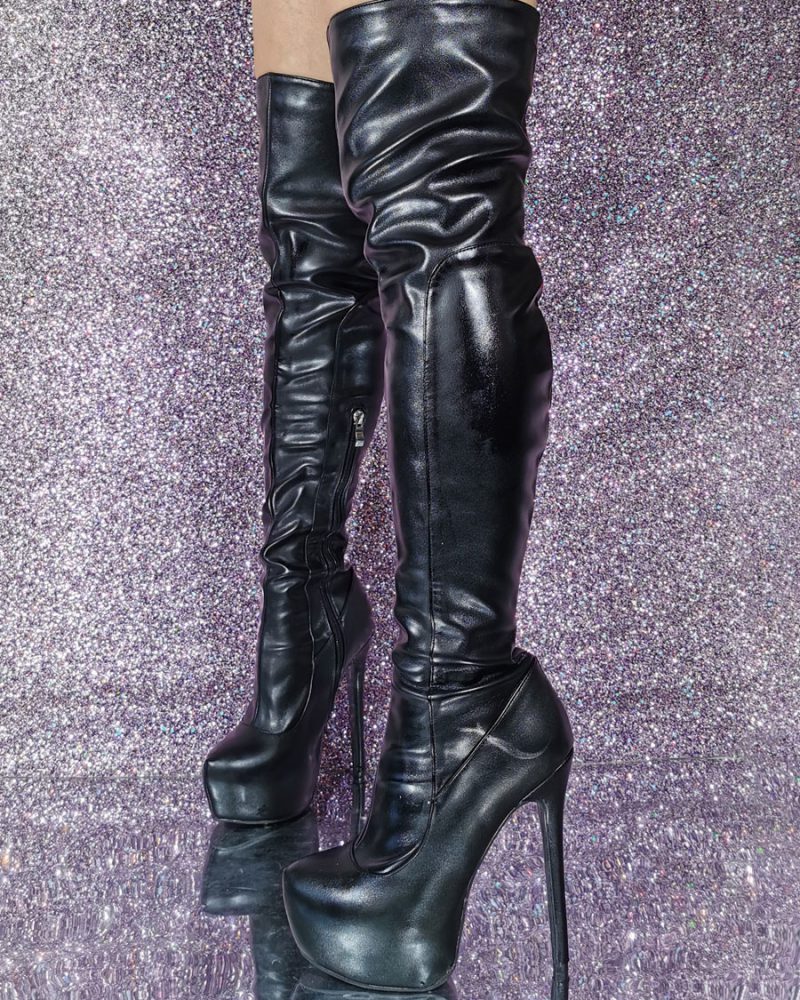 Stiletto PU Leather Heel Thigh High Boots