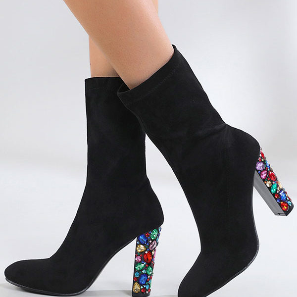 Black Rhinestones Suede Pointed Toe Chunky Heel Ankle Booties