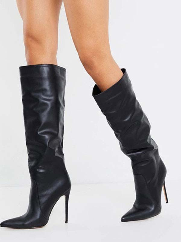 Stiletto Heel Pointed Toe Knee-High Boots in Black Bright Leather
