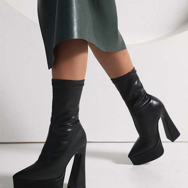 Ankle Black Platform Pointed Toe Chunky Heel Booties