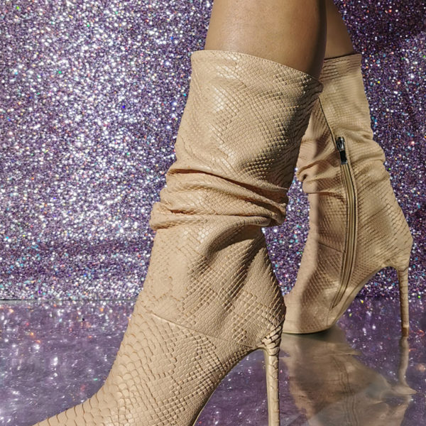 High Heel Snake Pattern Pointed Toe Ankle Boots