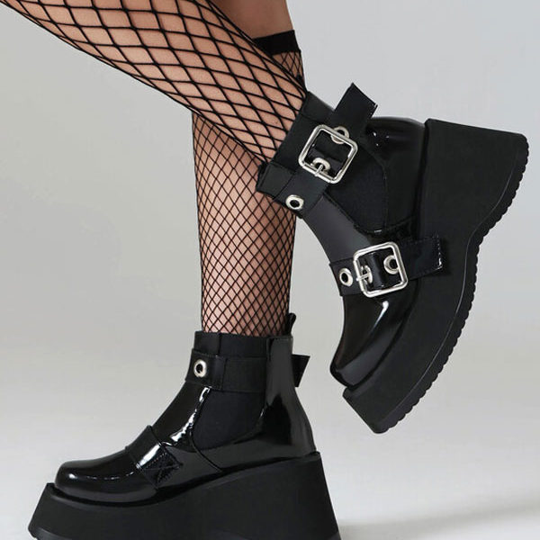 Patent PU Upper Round Toe Heelless Ankle Boots