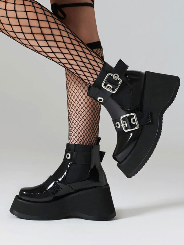 Patent PU Upper Round Toe Heelless Ankle Boots