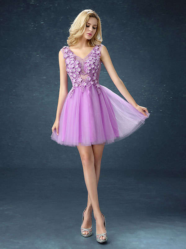 Cute Prom Short Tutu Lilac Graduation Flowers Applique V Neck Party Mini Dress