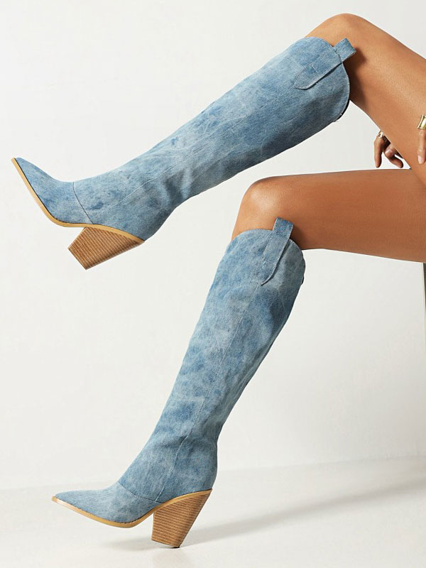 Western Boots Canvas Chunky Heel Knee-High Boots