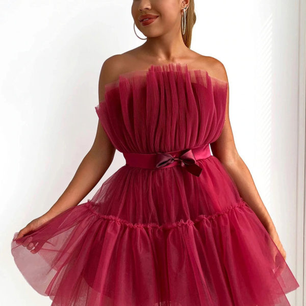 Party Burgundy Strapless Pleated Sleeveless Semi Formal Mini Dress - Image 2