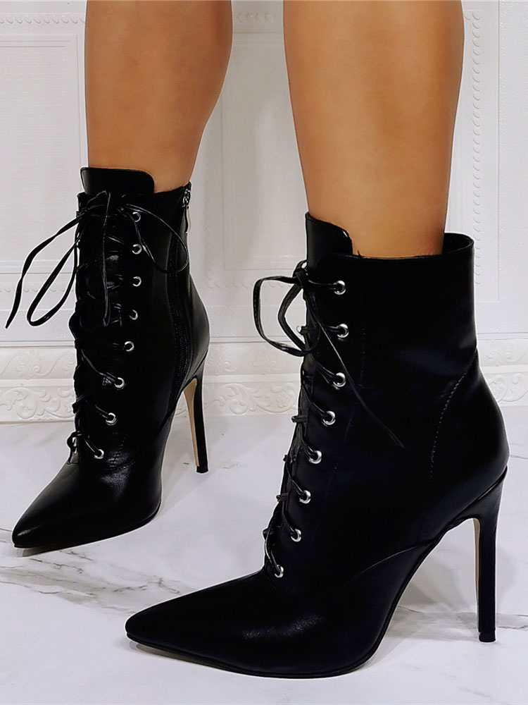Boots Black PU Leather Pointed Toe Stiletto Heel High-Tops Lace Up Booties