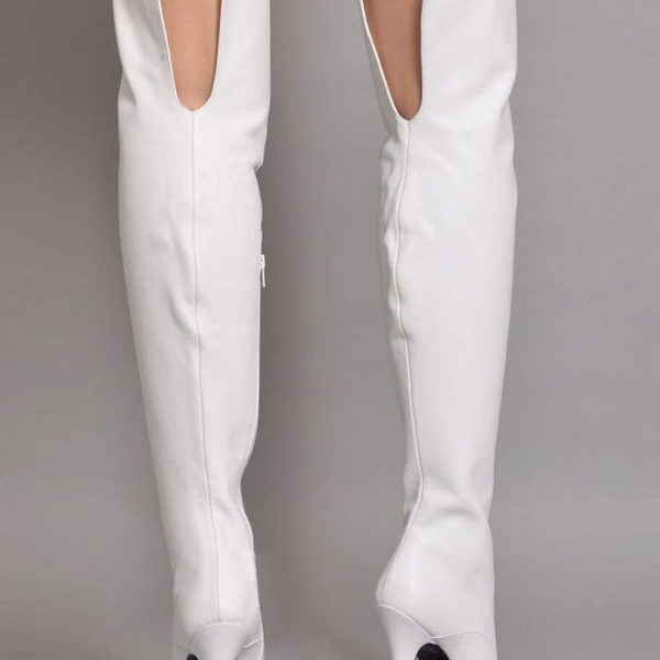 White Thigh High Solid Color Pointed Toe Stiletto Heel Over The Knee Boots - Image 4
