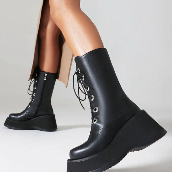 Mid Calf PU Leather Round Toe Heelless Boots - Image 5