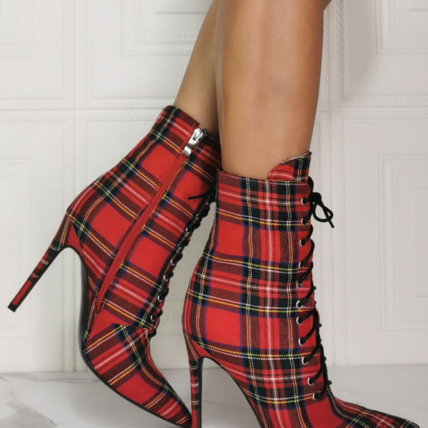 Ankle Red Canvas Pointed Toe Stiletto Heel Sky High Houndstooth Boots - Image 5