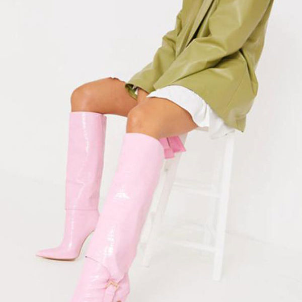 Buckle Croc Print Knee High Boots Stiletto Heels Pink - Image 4