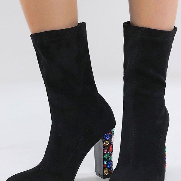 Black Rhinestones Suede Pointed Toe Chunky Heel Ankle Booties - Image 4