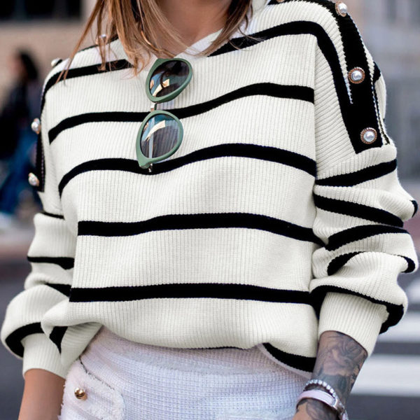 White Stripes Jewel Neck Long Sleeves Acrylic Sweaters - Image 4